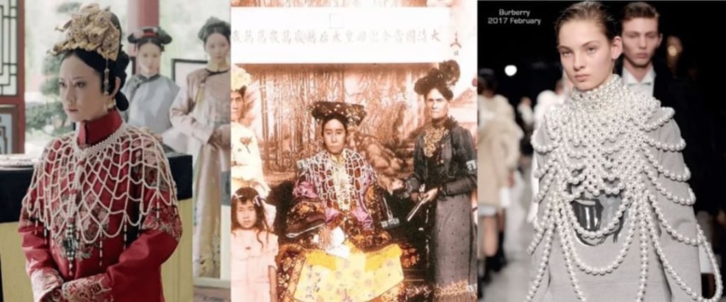 An ancient China pearl scarf worn by China’s real-life Empress Cixi (centre), and in the series (left), is similar to creation seen on the Burberry catwalk at a 2017 show. Photos: gogoboi/WeChat