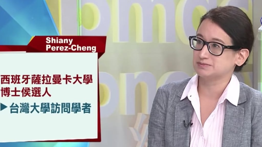 Shiany Perez-Cheng gives an interview on Taiwanese television on Saturday. The academic taught at the University of Salamanca from 2008 to 2017. Photo: Handout