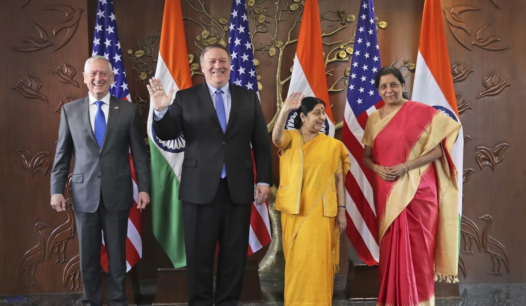 (From left) James Mattis, Mike Pompeo, Sushma Swaraj and Nirmala Sitharaman in New Delhi. Photo: AP