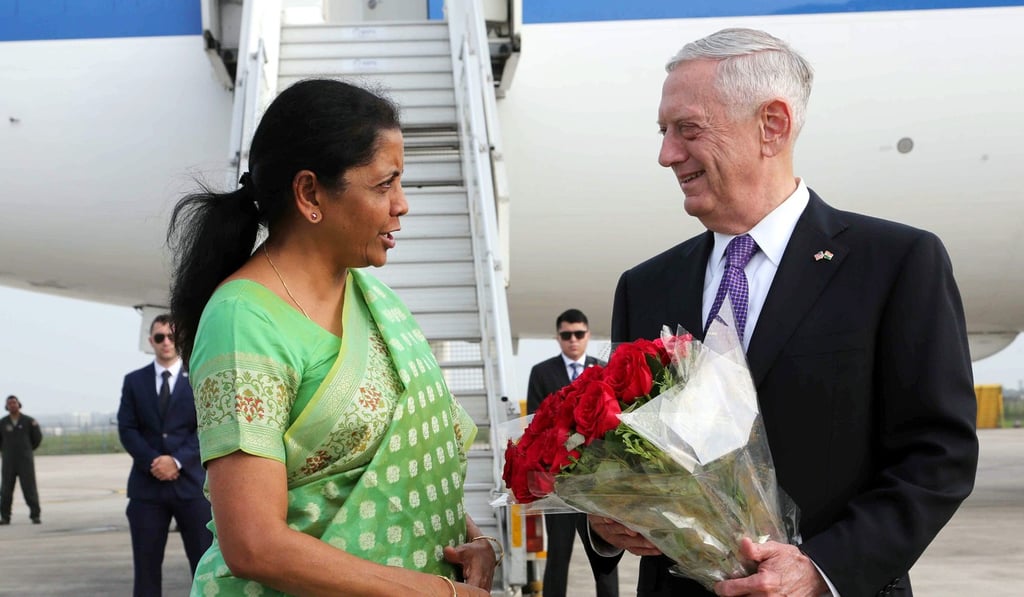 Indian Minister of Defence Nirmala Sitharaman receiving the US Secretary of Defence James Mattis upon his arrival at the airport in New Delhi on Wednesday. Photo: EPA Indian Minister of Defence Nirmala Sitharaman receiving the US Secretary of Defence James Mattis upon his arrival at the airport in New Delhi on Wednesday. Photo: EPA