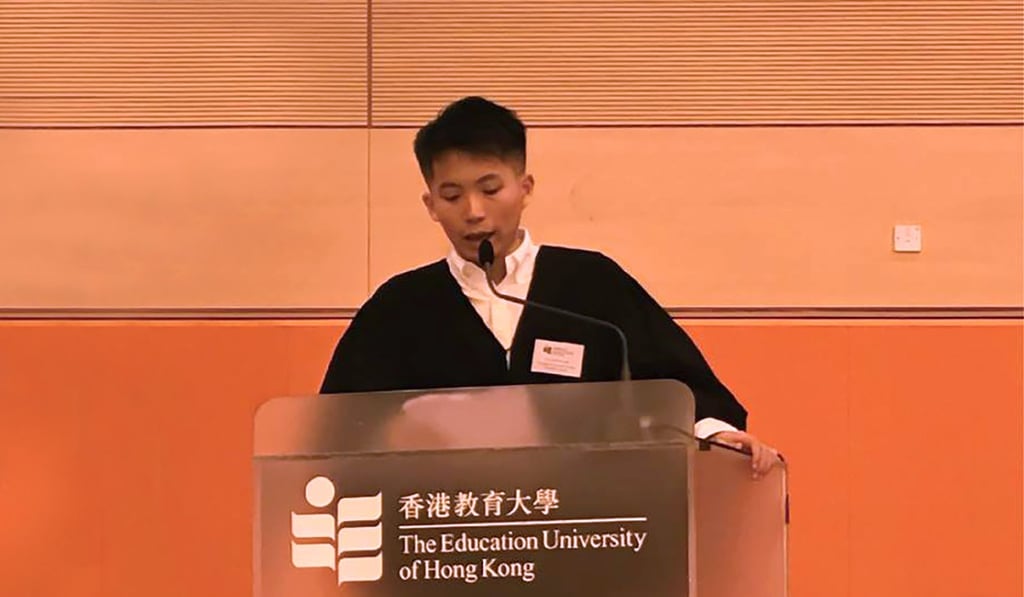 Education University student union president speaking during the school’s inauguration ceremony on August 29 in Tai Po. Photo: Facebook