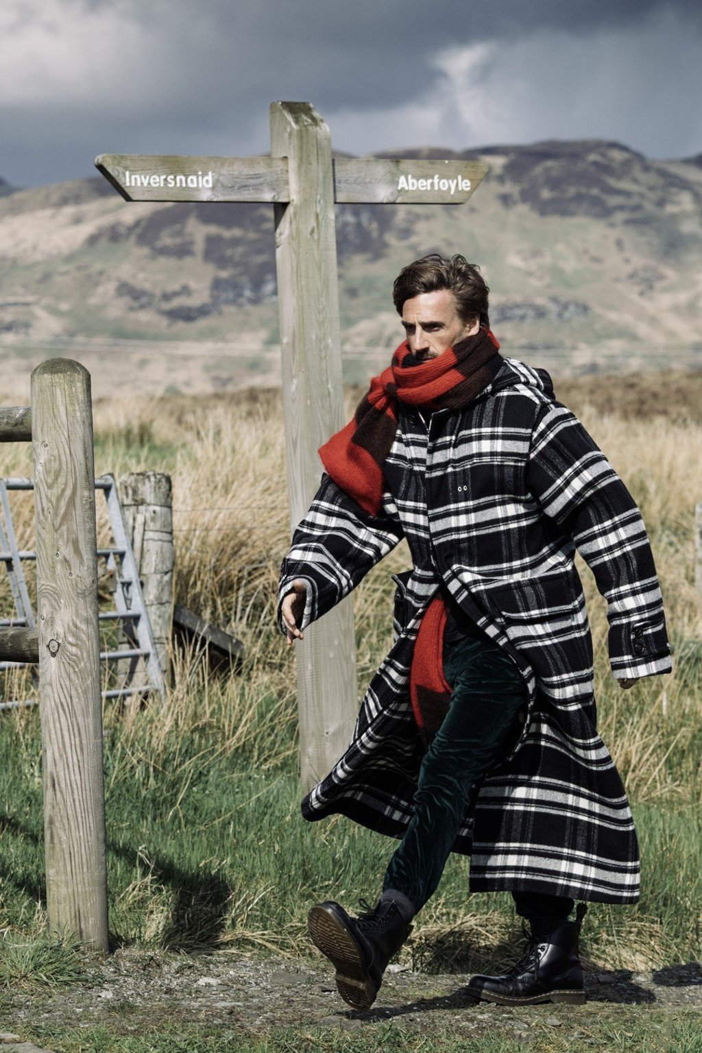 Marni, tartan coat, price on request, red scarf, price on request; Daks, trousers, HK$4,100; Falke, socks, price on request; Dr Marten, boots, price on request