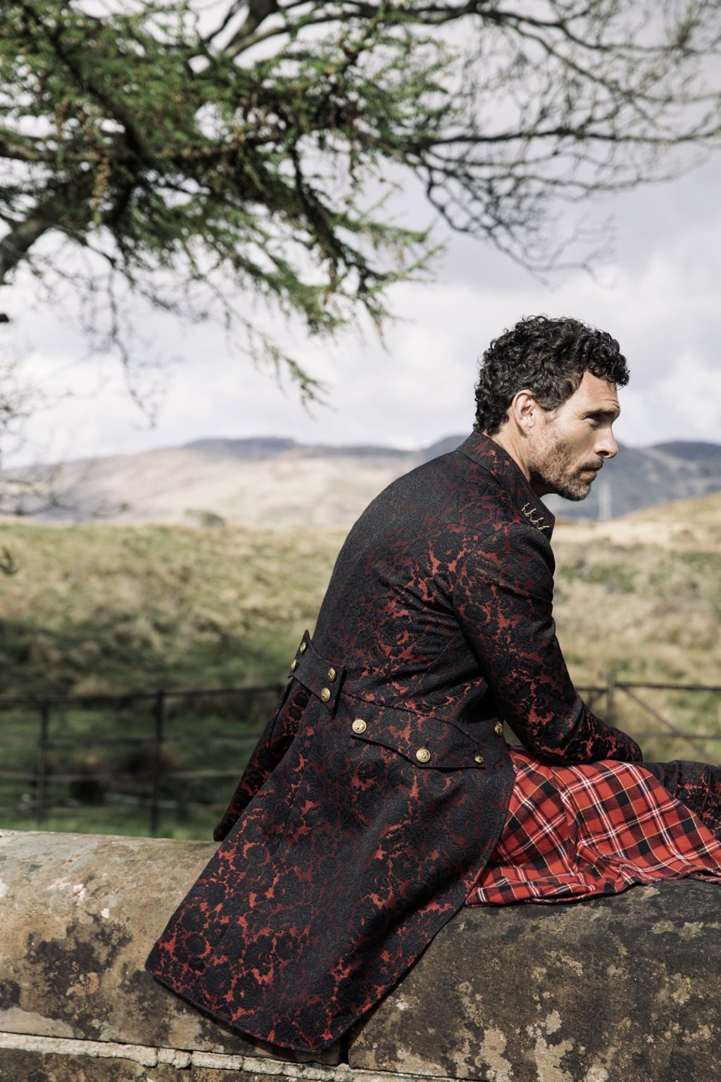 Dolce & Gabbana, coat and trousers, prices on request; Barbour, shirt (around waist), HK$870; Rachel Entwistle, cross earring, price on request