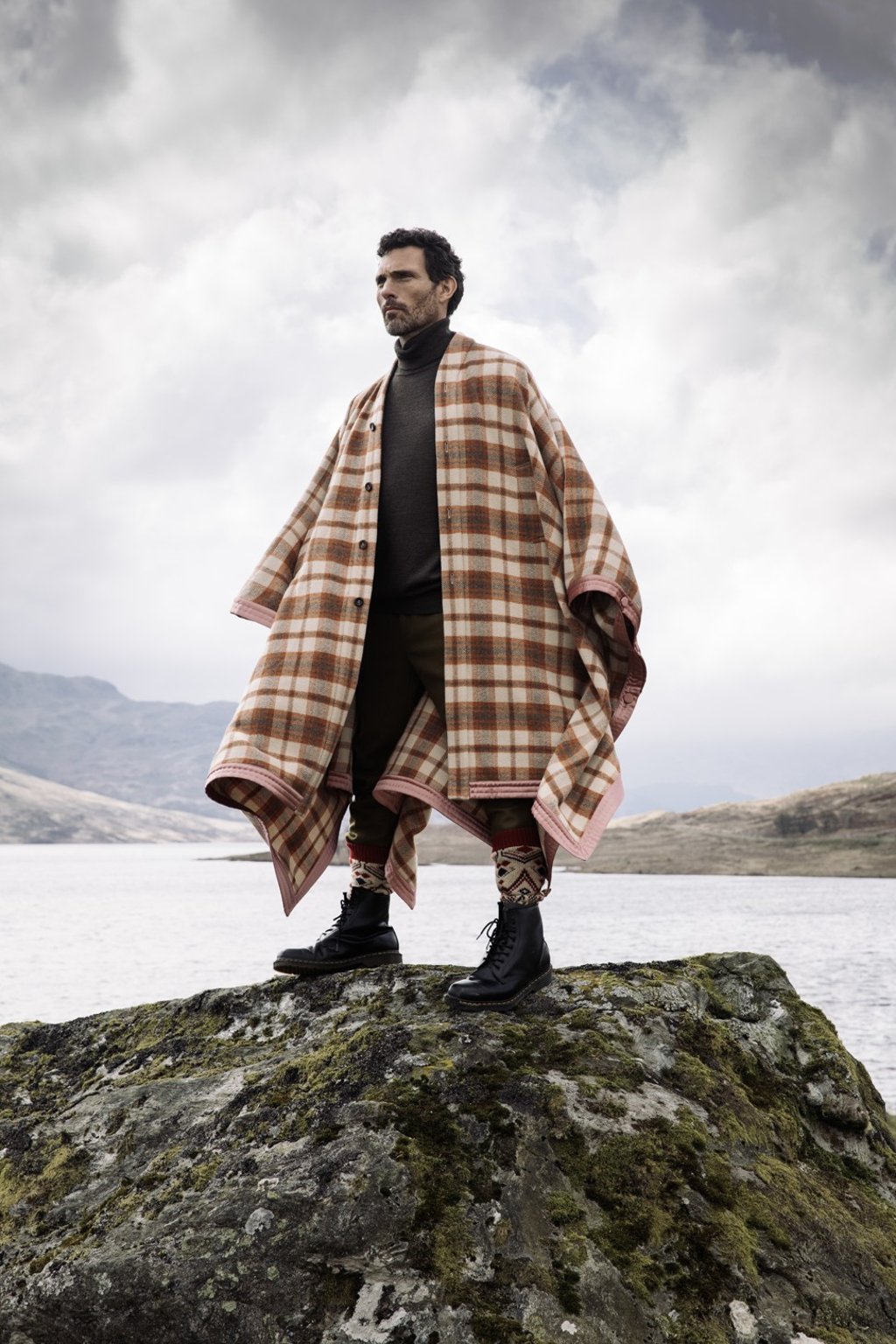 Gucci, cape coat, price on request; Brooke Brothers, turtleneck, HK$5,900; Daks, trousers, HK$4,100; Gucci, socks, price on request; Dr Marten, boots, price on request