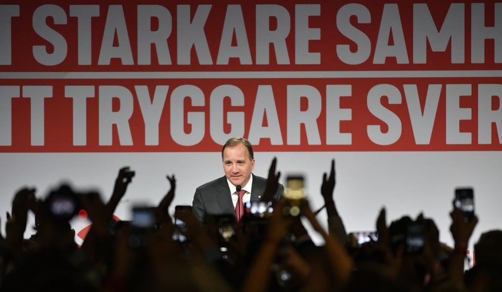 Prime minister and party leader of the Social Democrat party Stefan Lofven speaks at an election party in Stockholm, Sweden, on Sunday. Photo: AP Prime minister and party leader of the Social Democrat party Stefan Lofven speaks at an election party in Stockholm, Sweden, on Sunday. Photo: AP
