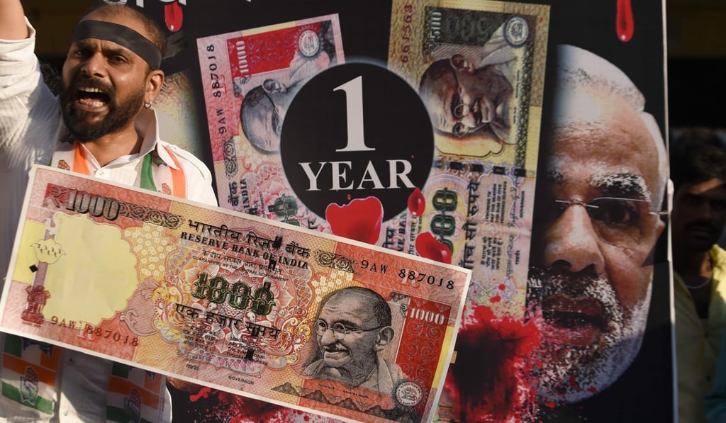 Protesters marking the first anniversary of the demonetisation scheme – which devalued India’s high-value rupee bills – in November last year. Photo: AFP