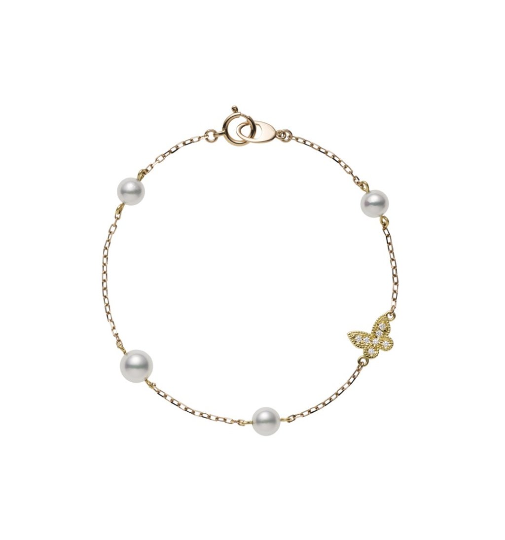 Mikimoto. From the Lucky Motif collection, the delicate and graceful bracelet in 18ct yellow gold, or pink gold, comes with Japanese Akoya cultured pearls and diamonds and features a butterfly motif, HK$7,070