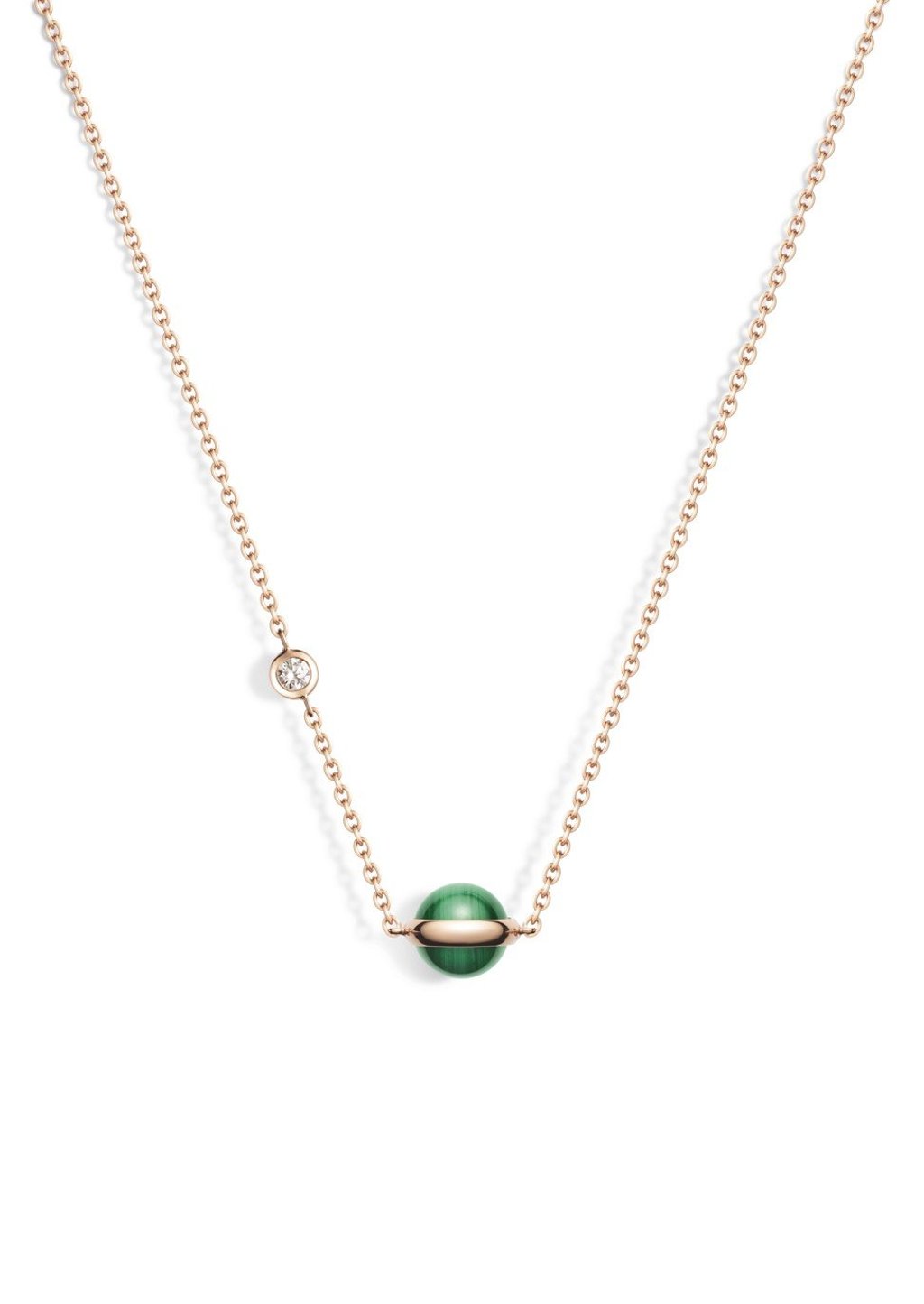 Piaget. The simple yet refined Possession necklace in 18ct pink gold is set with one brilliant-cut diamond along the chain, and a malachite cabochon encircled by a Possession gold ring, HK$14,200