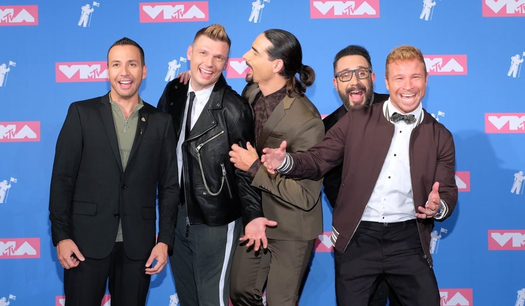 The Backstreet Boys pose backstage at the 2018 MTV Video Music Awards at Radio City Music Hall in New York on August 20. Photo: Getty Images via AFP
