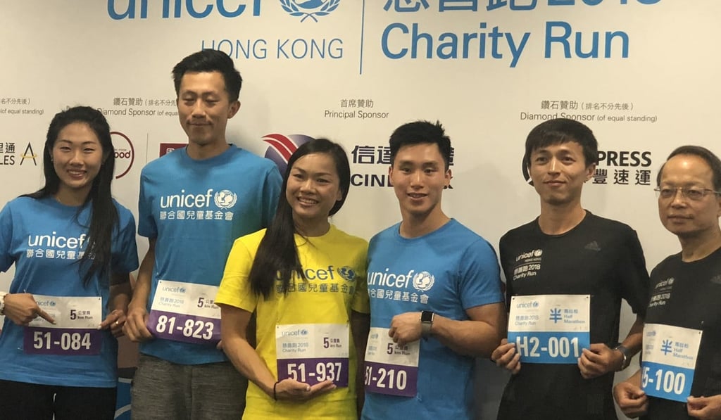 Unicef ambassador Sarah Lee (in yellow) calls for support for the Unicef Charity Run. Photo: Handout Unicef ambassador Sarah Lee (in yellow) calls for support for the Unicef Charity Run. Photo: Handout