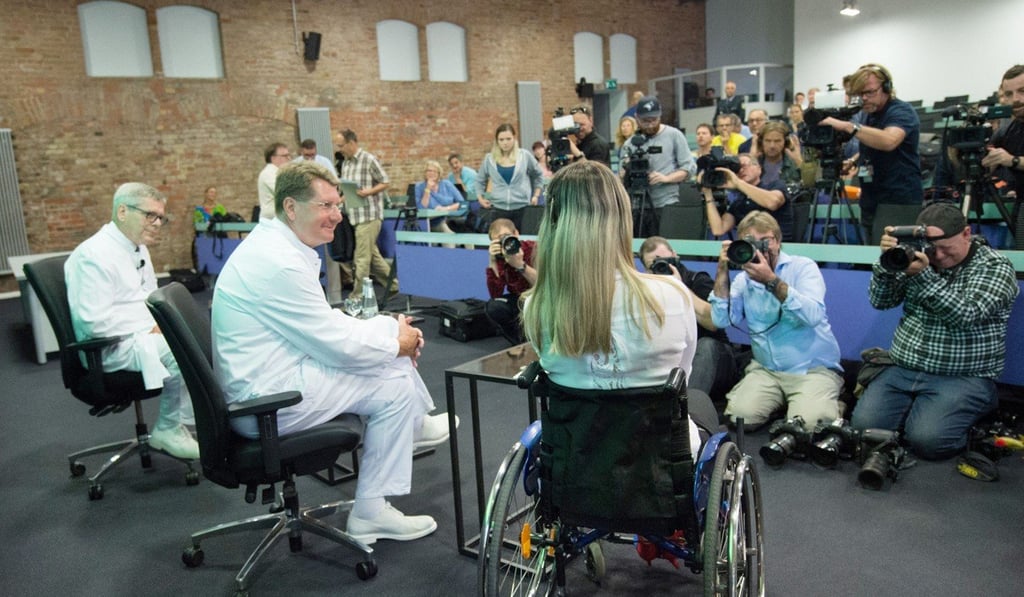 Kristina Vogel meets the press in a Berlin hospital. Photo: AFP