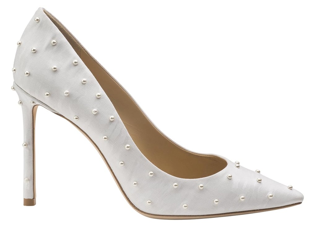 Jimmy Choo. The white Romy 100 in moire silk fabric, decorated with pearls, looks simple yet sophisticated, HK$7,790