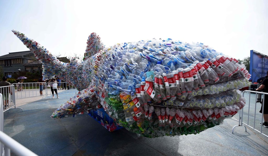 An installation depicting a whale shark made of plastic bottles in Rizhao Ocean Park in China’s eastern Shandong province. Some 12 million tonnes of plastic are dumped into the world's oceans each year. Photo: AFP