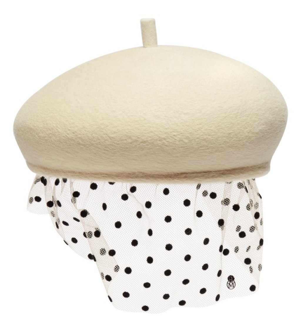 Maison Michel. The ‘New Bonnie Veil’ beret in creamy beige features a tulle veil with polka dots for an elegant touch, HK$5,990