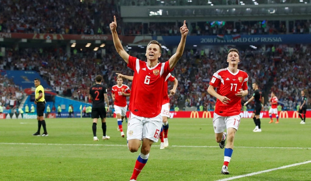 Cheryshev celebrates scoring against Croatia in Russia’s quarter-final at the World Cup. Photo: Reuters