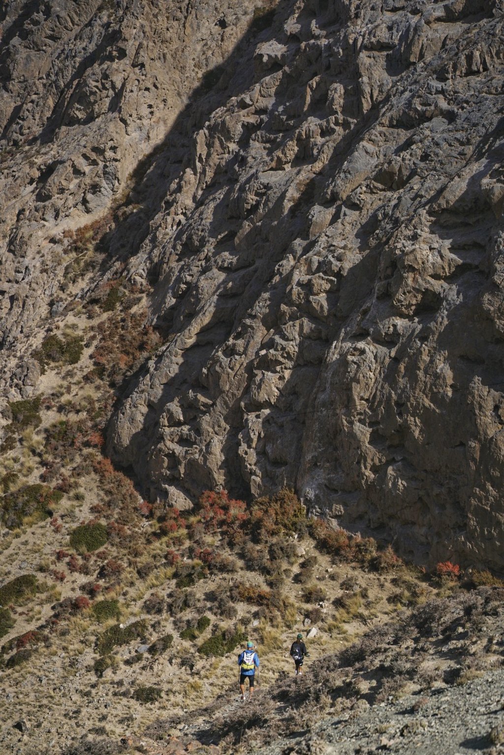 Runners descending a mountain pass during the Ultra Gobi race. Photo: Lloyd Belcher