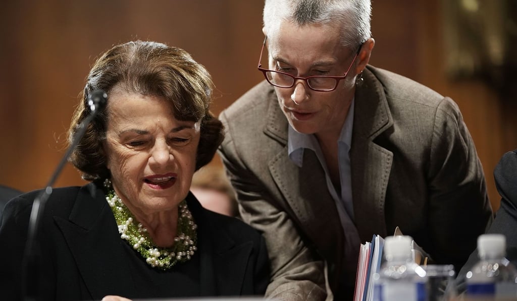 US Senator Dianne Feinstein, Democrat of California, speaks with an aide during a Senate Judiciary Committee meeting on Thursday. Photo: Getty Images via AFP
