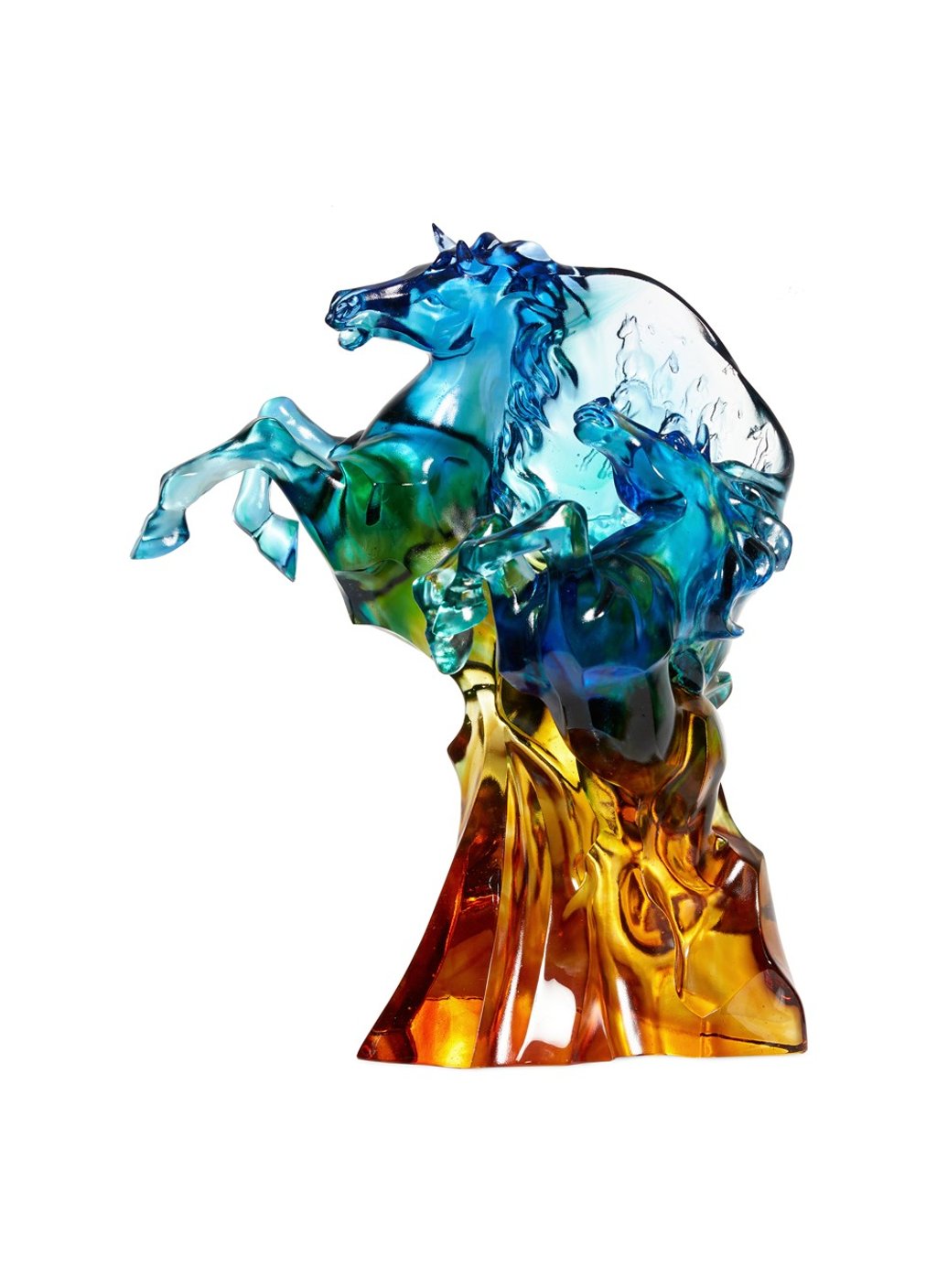 Tittot. Crafted from glass crystal, the Galloping Sculpture depicts horses running in the wind. The sculpture comes in different colours, HK$32,950