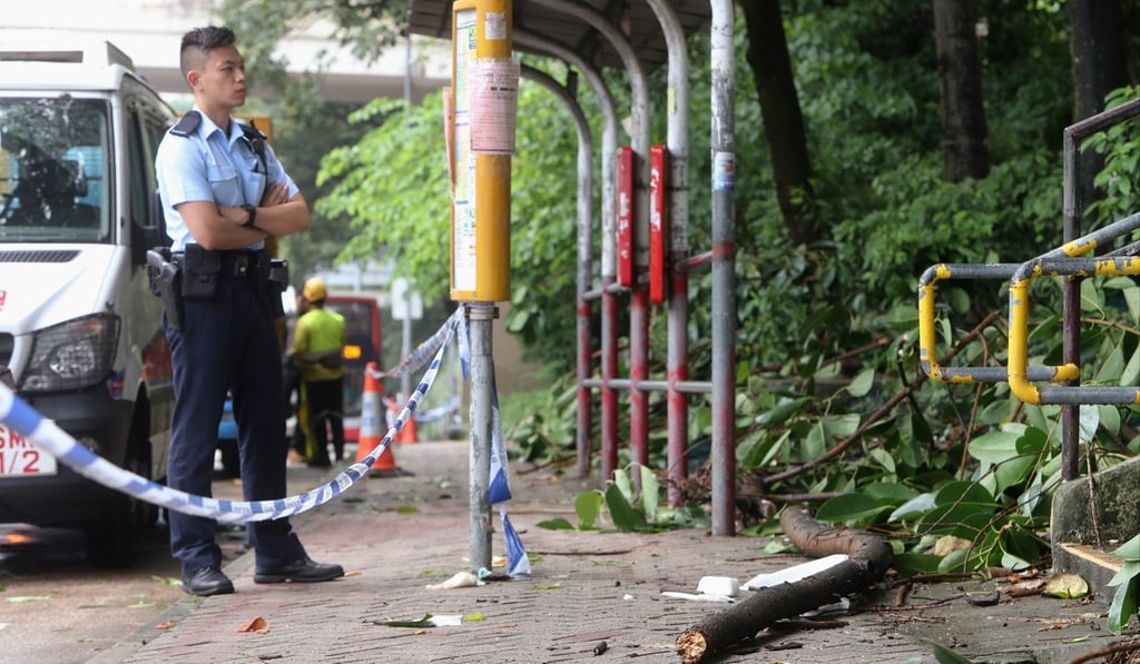 Police at the scene where an Indonesian domestic helper was killed by a falling tree branch in Kwun Tong. Photo: Winson Wong