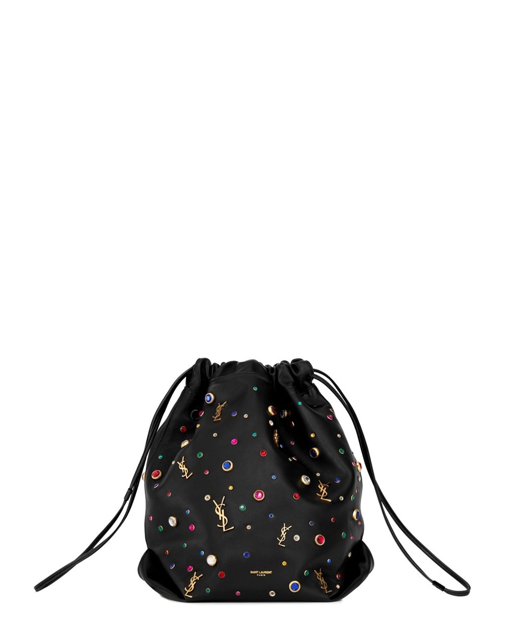 Saint Laurent. The Pochon Teddy drawstring bag in black lambskin shines in the dark with sparkling strass in a range of colours, HK$19,000