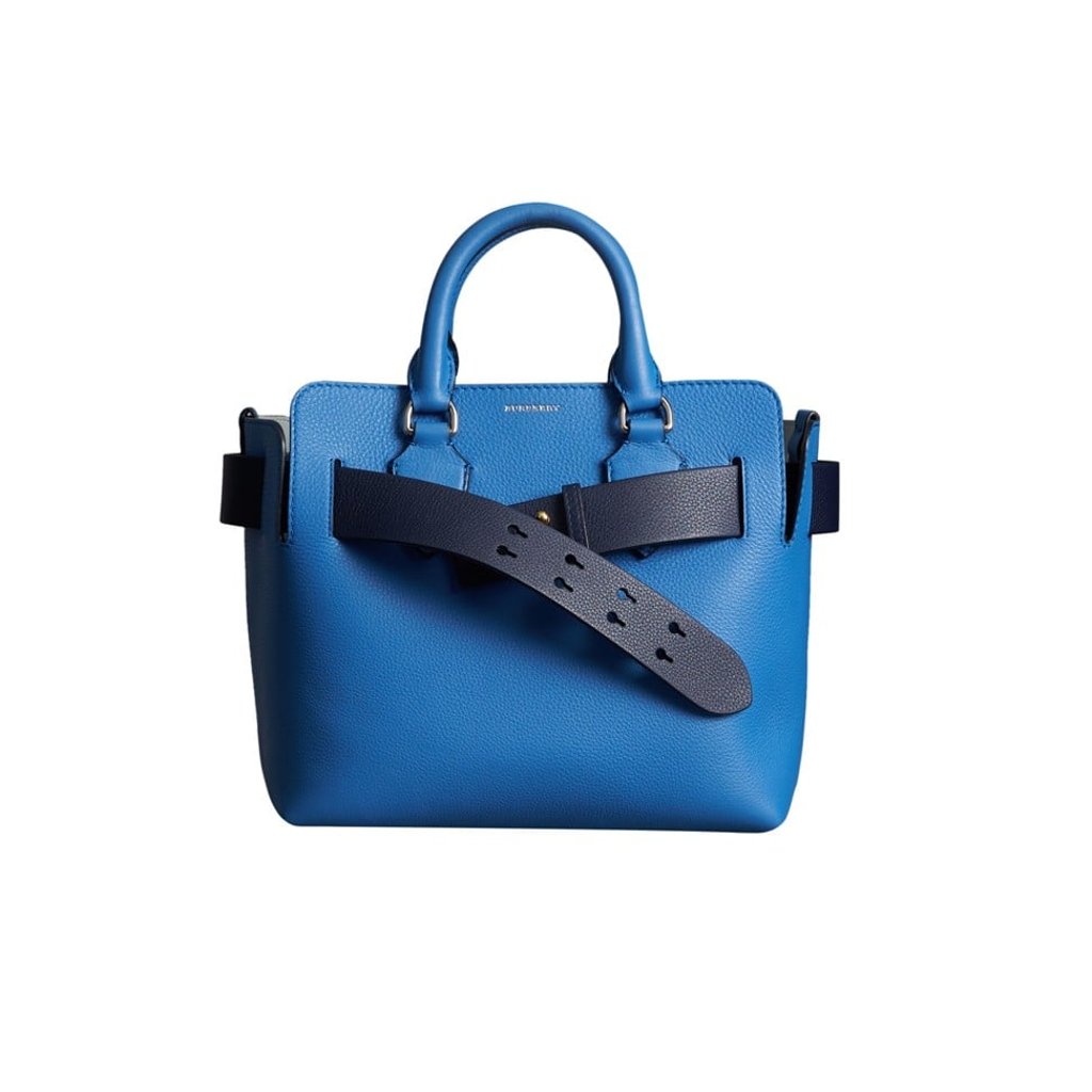 Burberry. This small leather bag in bright hydrangea blue is a belted tote influenced by the brand’s iconic trench coat. It features two-tone leather, hand-painted edges, a top handle and a shoulder strap, HK$16,200