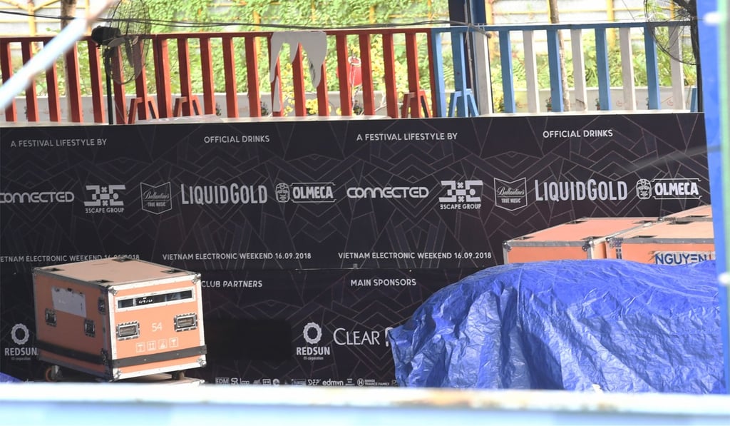 Packed boxes of equipment on a stage in West Lake Water Park in Hanoi on September 17, 2018, where party-goers died from drug use the night before. Photo: AFP Packed boxes of equipment on a stage in West Lake Water Park in Hanoi on September 17, 2018, where party-goers died from drug use the night before. Photo: AFP