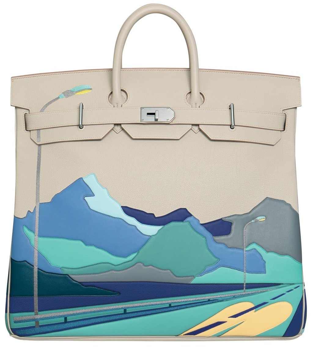 Hermès. For the Haut à Courroies travel bag, 47 pieces of leather in 11 colours are assembled and embroidered to create a picture inspired by pop art and California in the 1960s, HK$313,800