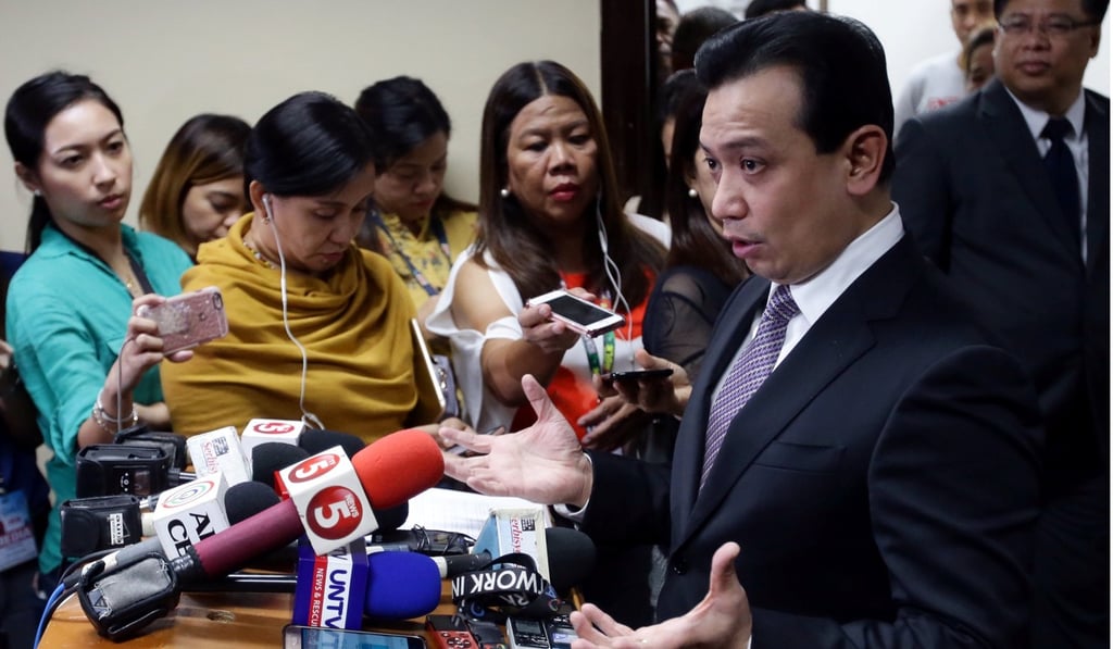 Philippine Senator Antonio Trillanes speaks to the media at the Senate in Pasay City, Metro Manila on September 11, 2018. Photo: Reuters
