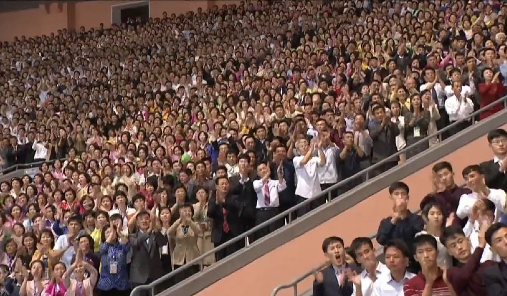 The crowd cheers at Pyongyang's May Day Stadium after South Korean President Moon Jae-in’s speech on Wednesday. Photo: Pyongyang Press Corps via YouTube The crowd cheers at Pyongyang's May Day Stadium after South Korean President Moon Jae-in’s speech on Wednesday. Photo: Pyongyang Press Corps via YouTube