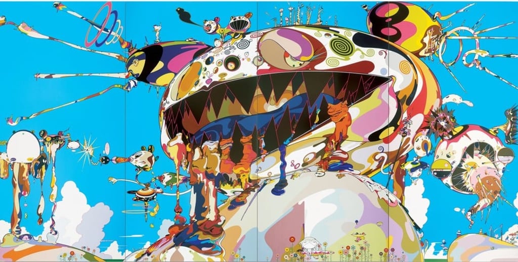 Murakami’s painting “Tan Tan Bo: Having vomited five viscera and six bowels along with a lump of ego, he swallows them back into his empty stomach as everything disperses into the void; along the process he starts his journey into meditation.” Photo: Takashi Murakami