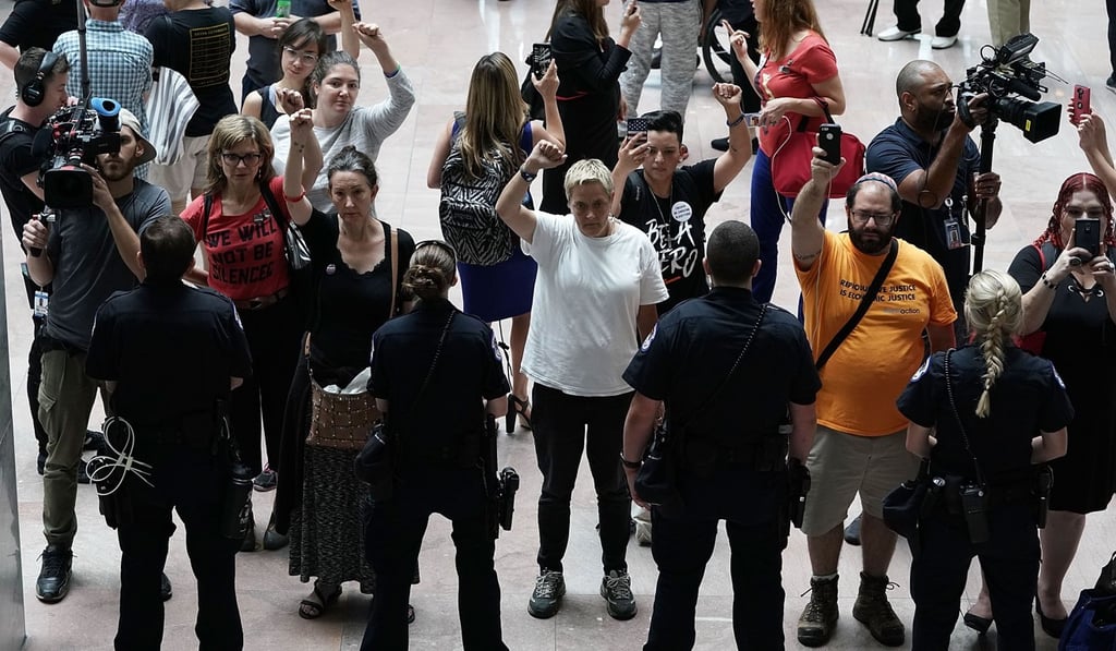 Activists chant slogans during a protest outside the office of Senate Judiciary Committee Chairman Senator Chuck Grassley (Republican, Iowa) on Capitol Hill in Washington on Thursday. Photo: Getty Images via AFP Activists chant slogans during a protest outside the office of Senate Judiciary Committee Chairman Senator Chuck Grassley (Republican, Iowa) on Capitol Hill in Washington on Thursday. Photo: Getty Images via AFP