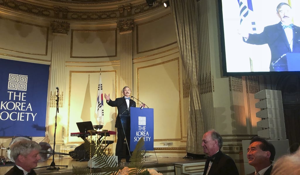Harry Harris, the new US ambassador to South Korea, speaking at a Korea Society event in New York on Friday, September 21, 2018. Photo: Robert Delaney