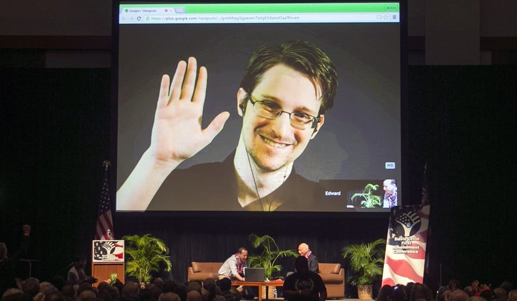 File photo of Edward Snowden appearing on a live video feed broadcast from Moscow for a human rights even in the US. Photo: AP File photo of Edward Snowden appearing on a live video feed broadcast from Moscow for a human rights even in the US. Photo: AP