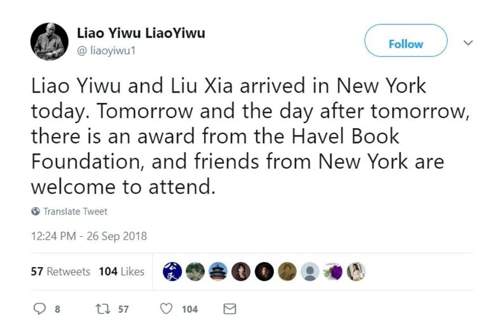 Chinese writer Liao Yiwu announces on Twitter that Liu Xia has arrived in New York. Photo: Twitter