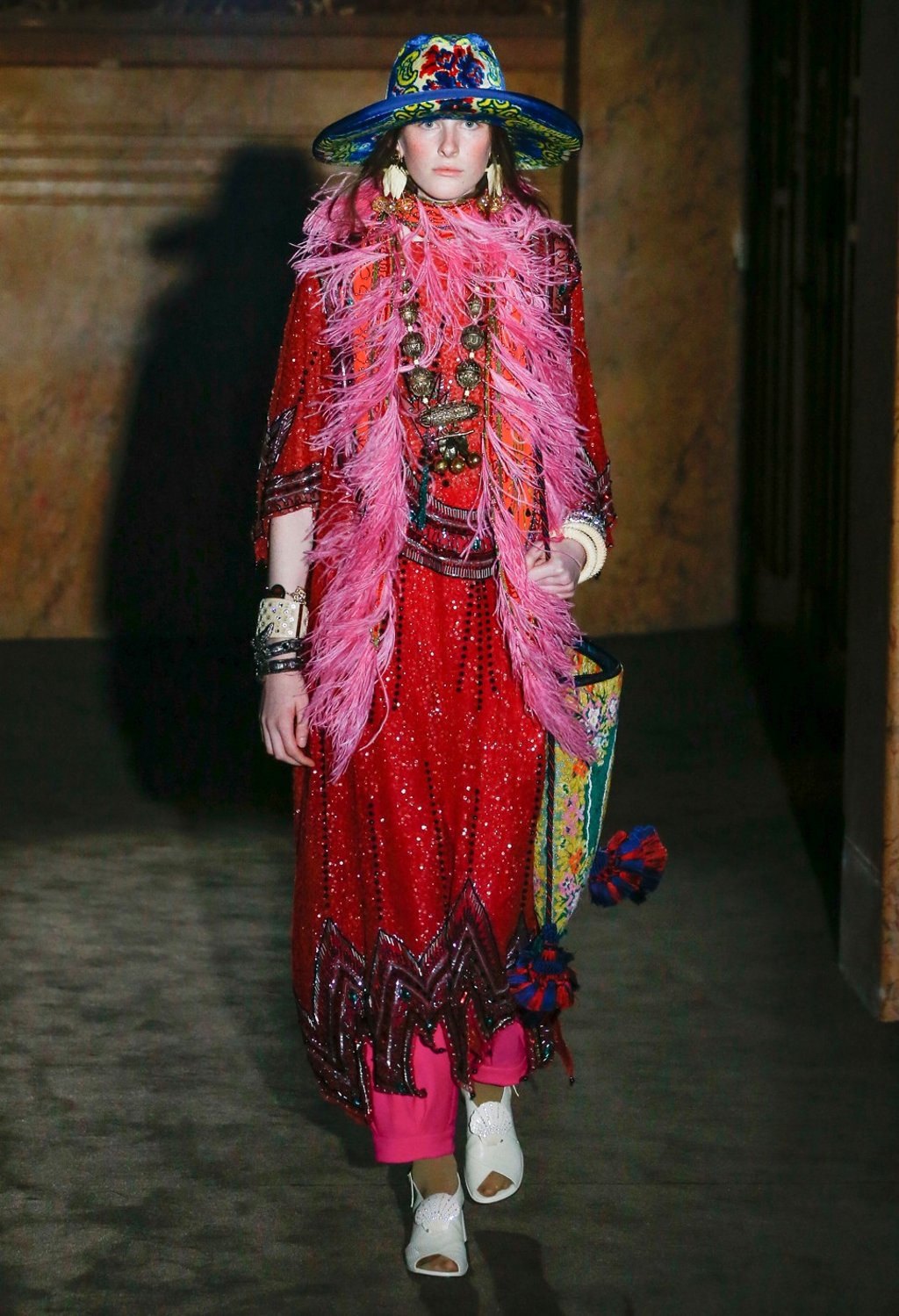 Freya Lawrence opens the Gucci spring summer 2019 show with a glittering 1970s-inspired style. Photos: Dan Lecca Freya Lawrence opens the Gucci spring summer 2019 show with a glittering 1970s-inspired style. Photos: Dan Lecca