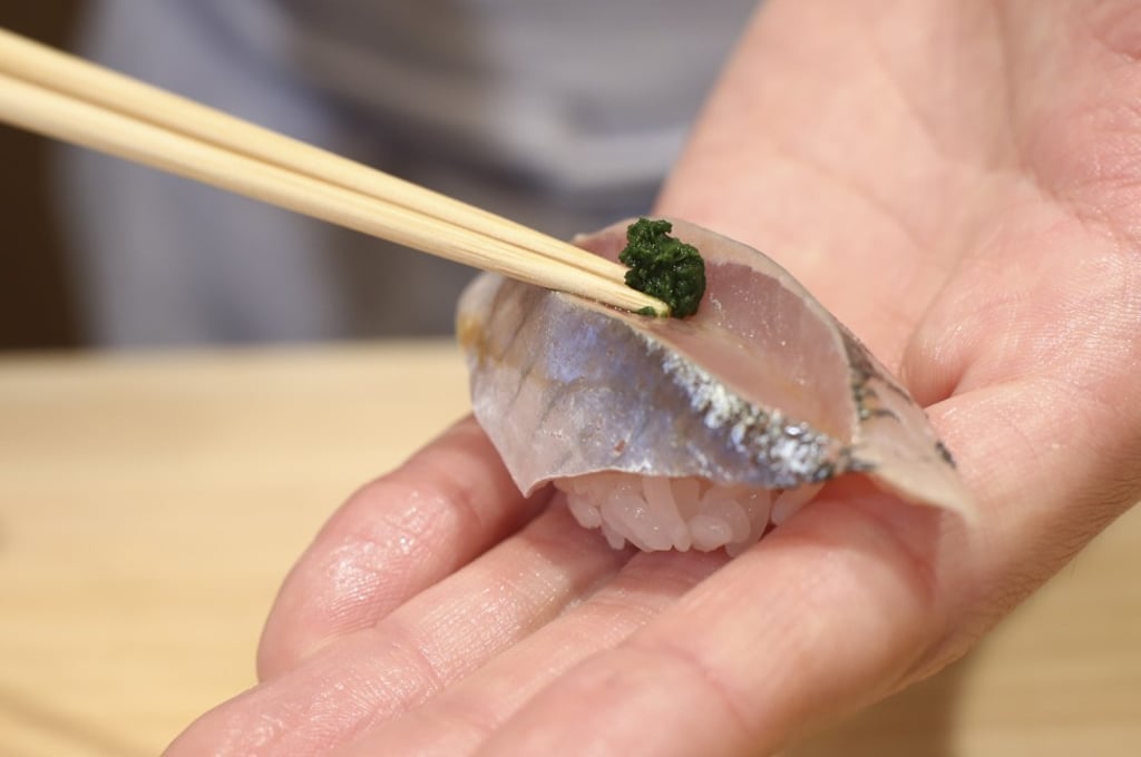 Aji – Japanese horse mackerel – served at Sushi Saito at the Four Seasons Hotel in Central. Photo: Edmond So
