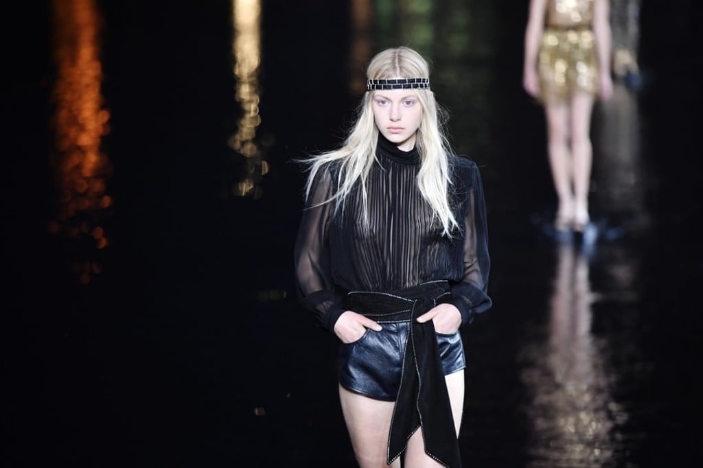 A model presents an addition to the power dresser’s wardrobe – black leather hot pants. Photo: EPA-EFE