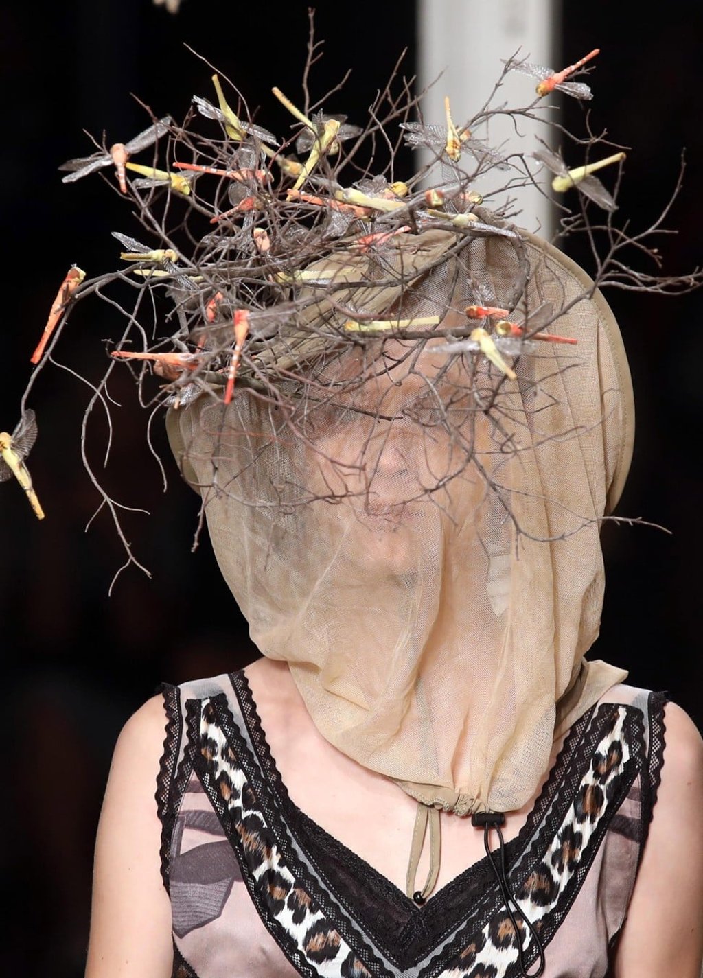 Antonio Marras adds drama to the collection at Milan Fashion Week 2018 with enormous, sculptural hats. Photo: EPA
