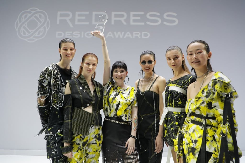 Tess Whitfort and her winning collection. Whitfort used upcycled end-of-roll industry fabrics and hardware salvaged from garages and hardware stores to make the collection.