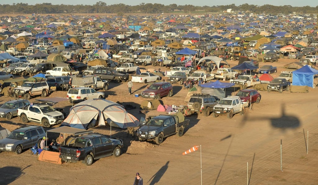 A view from a helicopter of the annual Deni Ute Muster in Deniliquin. Photo: AFP