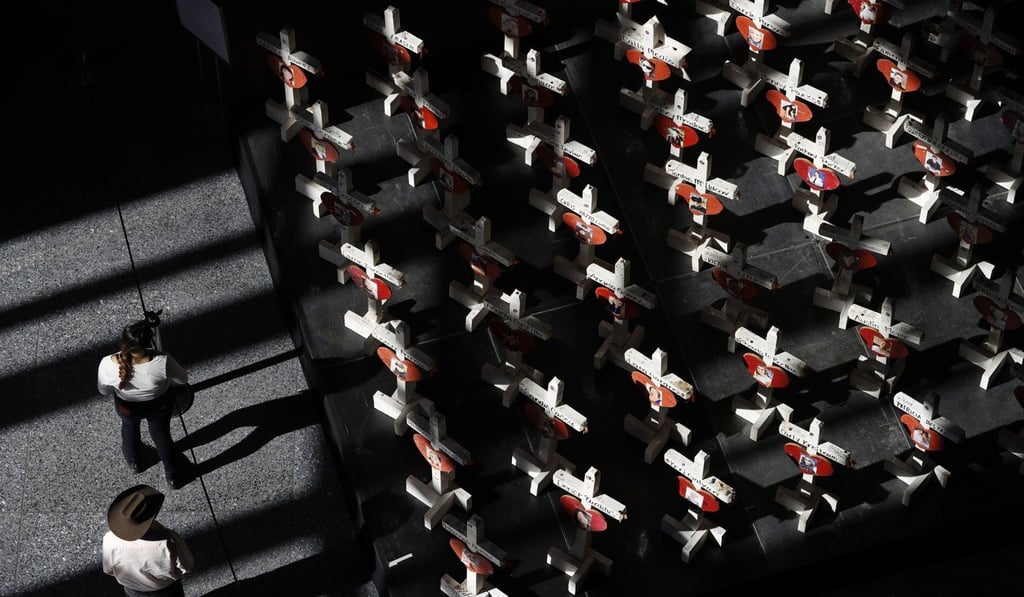A display of wooden crosses and a Star of David at the Clark County Government Centre in Las Vegas, erected in memory of the victims of the October 1, 2017, mass shooting in Las Vegas. Photo: AP