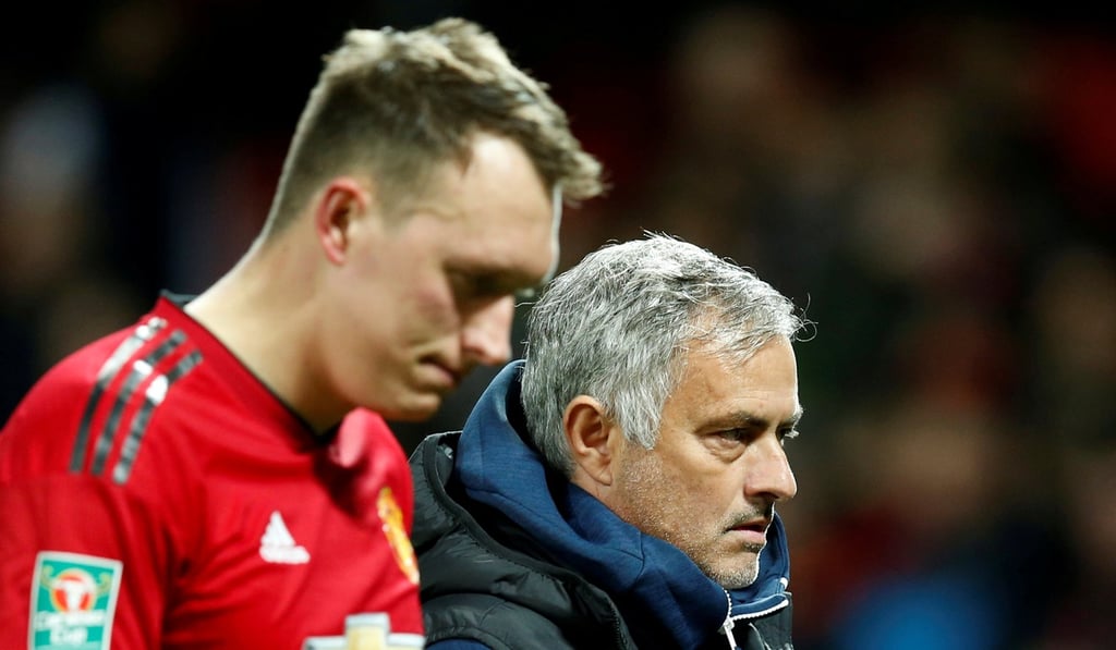Manchester United's Phil Jones and manager Jose Mourinho look dejected after Derby County win the penalty shootout. Photo: Reuters