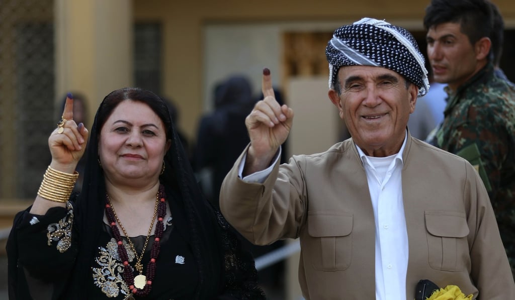 Iraqi Kurds after casting their ballot for the parliamentary election at a polling station in Arbil, the capital of the Kurdish autonomous region in northern Iraq. Photo: AFP