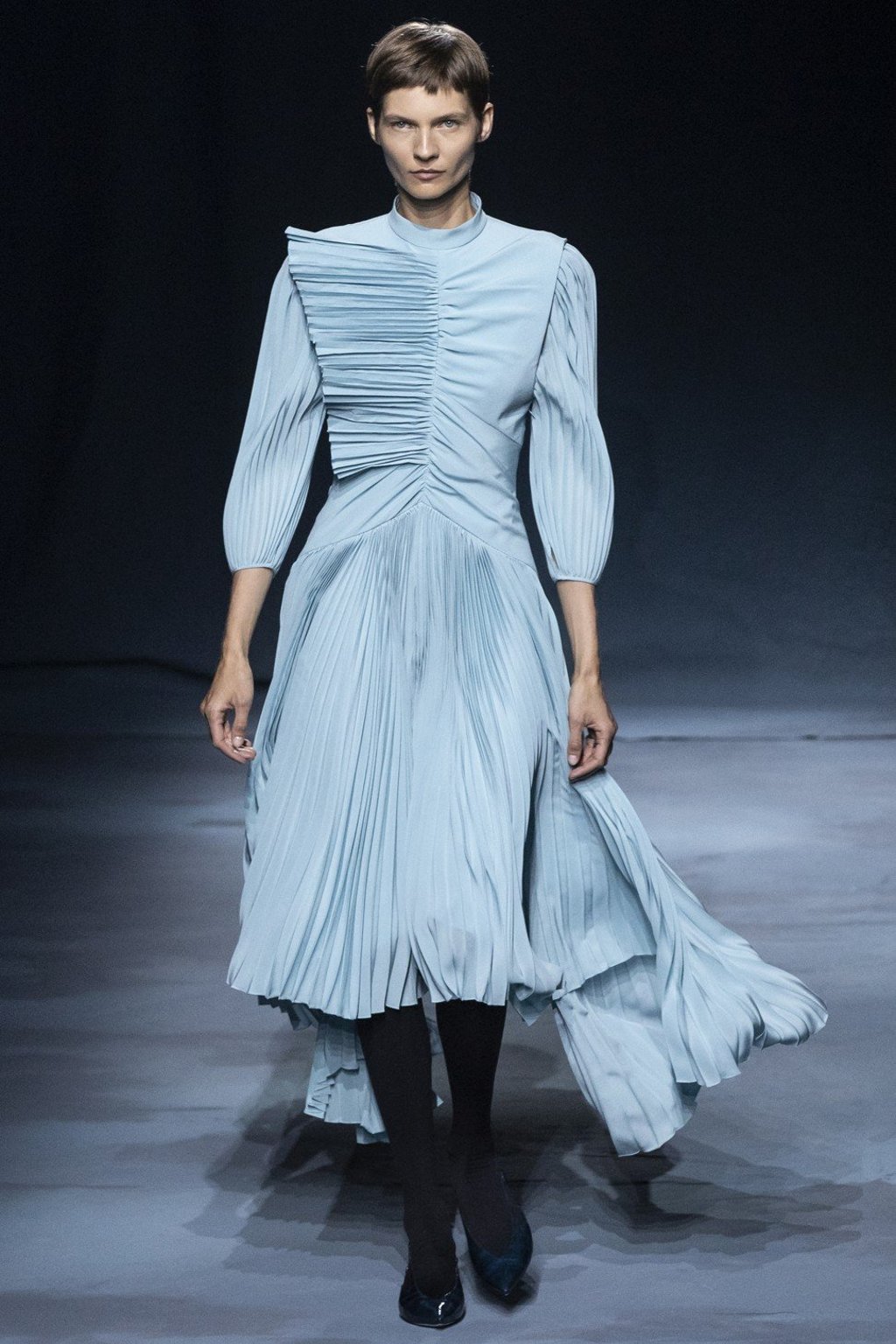 Another short-haired model takes to the catwalk in a stylish, finely tailored light-blue creation during Givenchy’s spring/summer 2019 women’s collection created by English designer Clare Waight Keller at Paris Fashion Week on Sunday. Photo: EPA-EFE