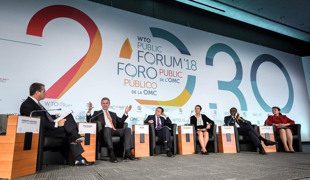 Alibaba’s Jack Ma (centre) takes part in a panel discussion at the World Trade Organisation Public Forum in Geneva on Tuesday. Photo: AFP