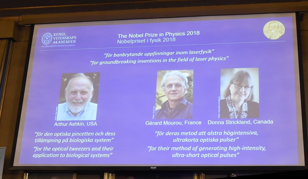The 2018 Nobel Prize in Physics winners – Arthur Ashkin, Gerard Mourou and Donna Strickland. Photo: EPA