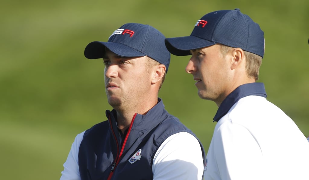 Justin Thomas (left) and Jordan Spieth during the foursomes. They won three points from four matches as a pairing. Photo: Reuters