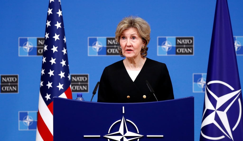 US Ambassador to Nato Kay Bailey Hutchison briefs the media at the alliance’s headquarters in Brussels, Belgium, on Tuesday. Photo: Reuters