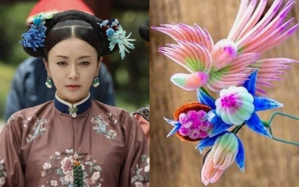 Empress Fuca, played by Qin Lan, wore a ronghua as a hair accessory in the drama. Right, a colourful ronghua made by artisan Zhao Shuxian.