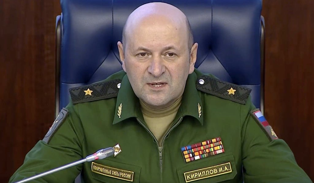Major General Igor Kirillov, the head of the Russian military's radiation, biological and chemical protection troops, at a briefing in Moscow. Photo: AP Major General Igor Kirillov, the head of the Russian military's radiation, biological and chemical protection troops, at a briefing in Moscow. Photo: AP